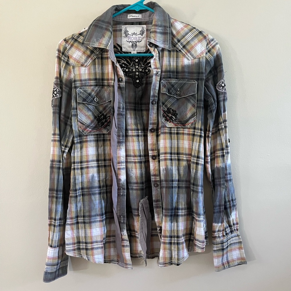 ROAR Buckle Plaid Shirt Rhinestone Grey Black Brown‎ Small Western Embellished